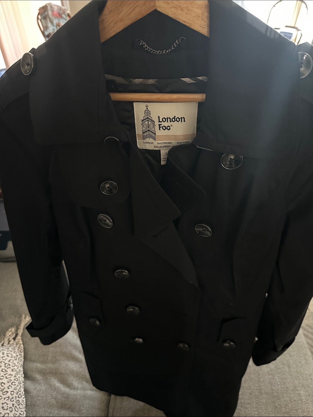 London Fog Black Double-Breasted Trench Coat with Epaulets